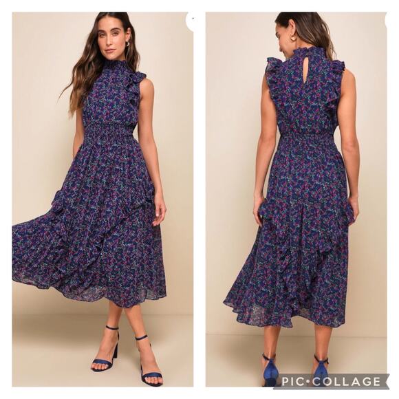 Lulus Dresses & Skirts - Lulus Evalina Blue Floral Mock Neck Midi Dress Size Small